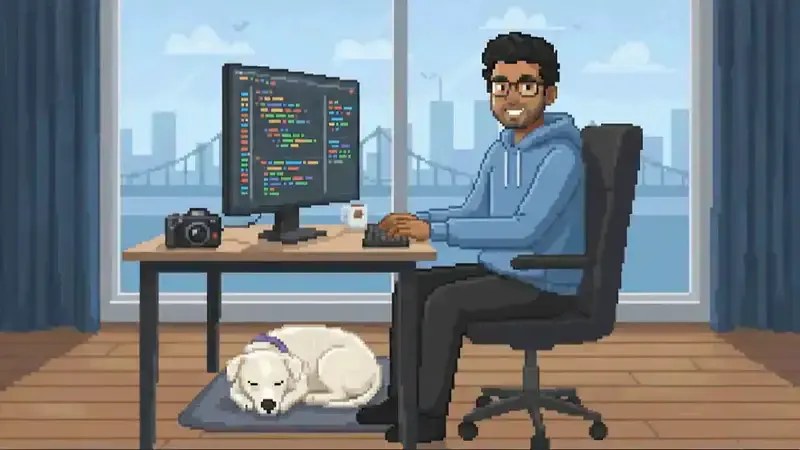 Arnab Saha - Engineering Leader working at computer with dog